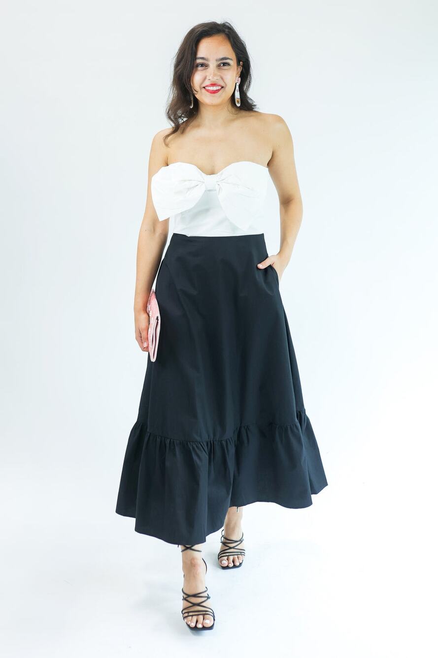 Large bow tie strapless maxi dress black & white cotton tiered size medium
